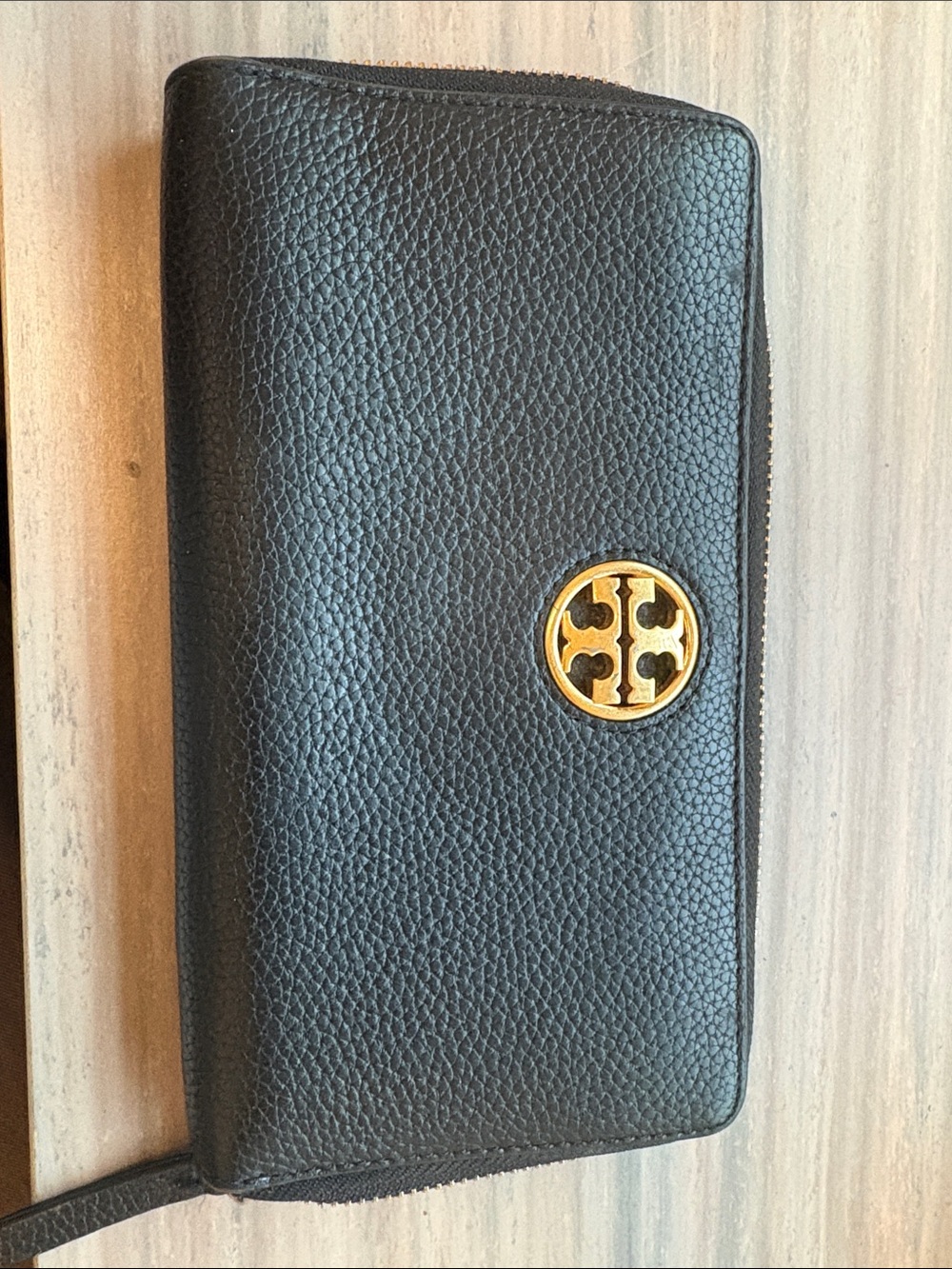 Tory Burch Black Pebbled Leather Zip Around Wallet with Gold Logo